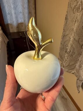 White Ceramic Apple Trinket with Gold Stem